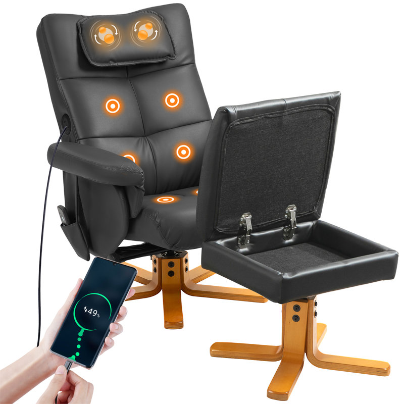 Massage Recliner Chair with Ottoman Set, Black Polyurethane