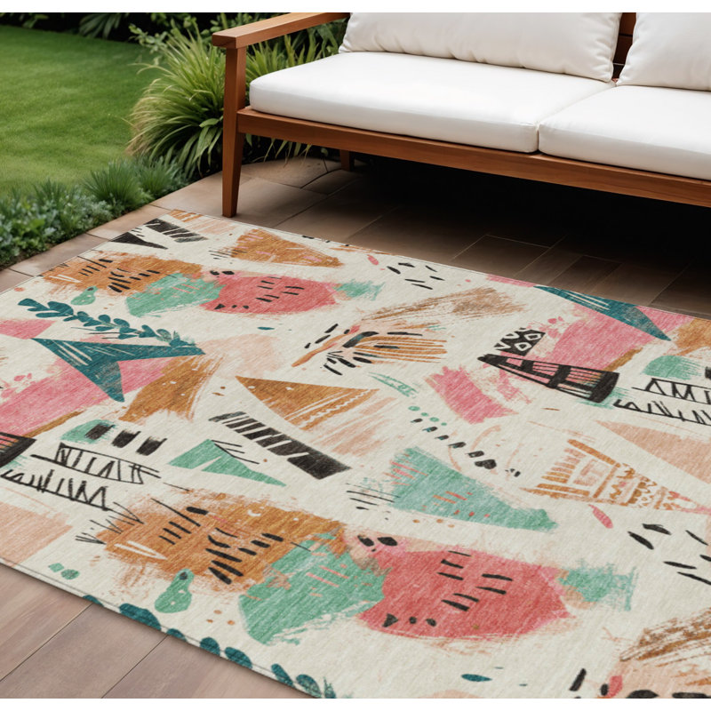Tapis intérieur lavable abstrait 8 pi x 10 pi ivoire et bleu sarcelle