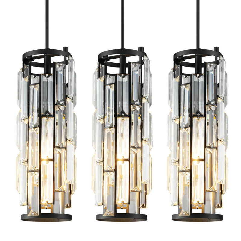 Taveyon Crystal Cylinder Pendant Lights Kitchen Island, Matte Black, 3 Lights