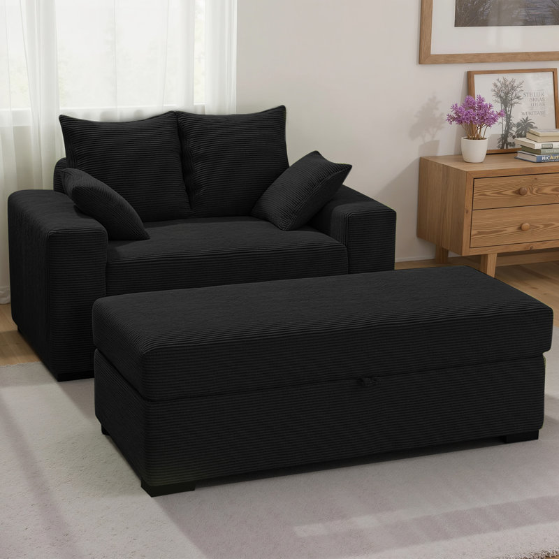 Chaise longue surdimensionnée 57 po en velours côtelé de luxe avec repose-pieds avec rangement, 2 coussins, Noir