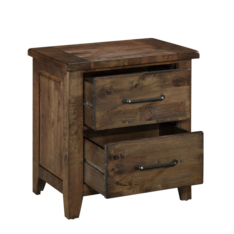 Table de chevet à 2 tiroirs avec table de chevet en bois d'hévéa massif, finition brunie, rustique classique