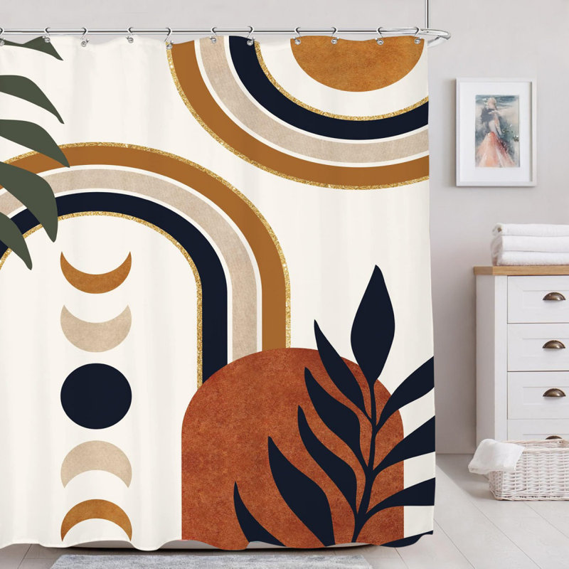 Rideau de douche Boho Mid Century Abstract Retro Palm Leaf Plant Sun Arch Minimalist, Blanc / orange / vert
