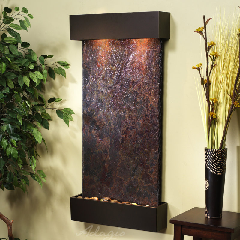Fontaine murale en acrylique avec lumière Henn, Ardoise multicolore, Bronze antique