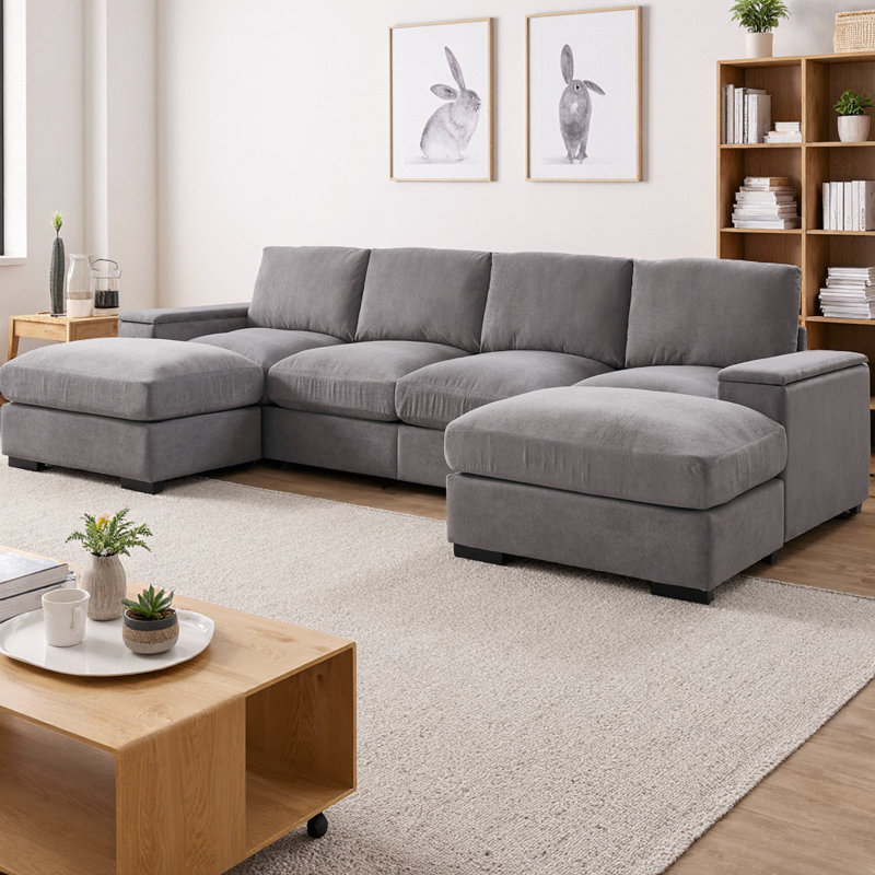 Canapé modulaire en U avec 2 repose-pieds mobiles, canapé-lit à siège profond 4 places, meubles de salon rembourrés en polyester avec rangement pour accoudoirs et assemblage facile