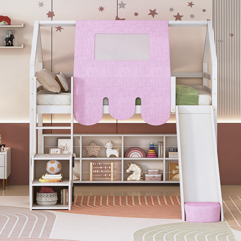 Cadre de lit mezzanine en bois avec tente, Lit simple, Blanc