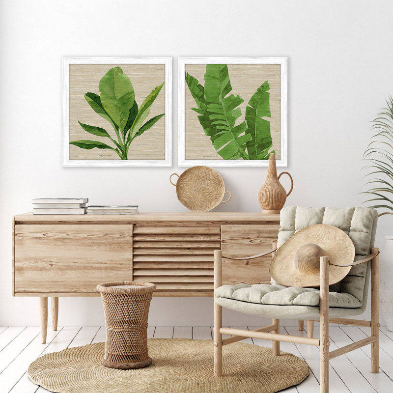 Whitewash Distressed Wood Framed Green Palm Leaf Art Set