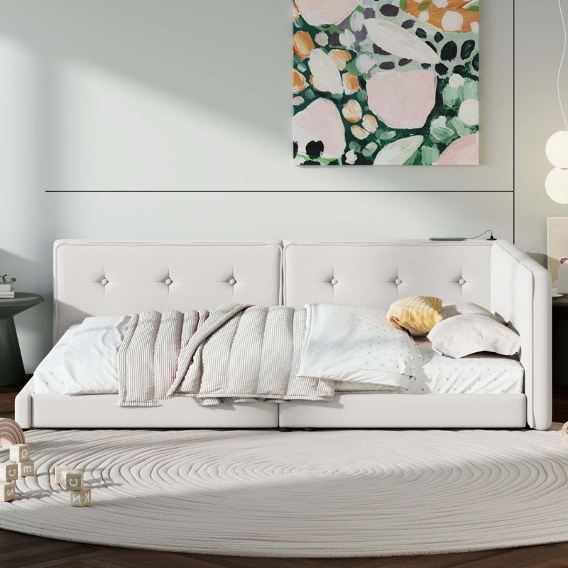 Lit plateforme tapissier avec ports USB, Beige, Lit double