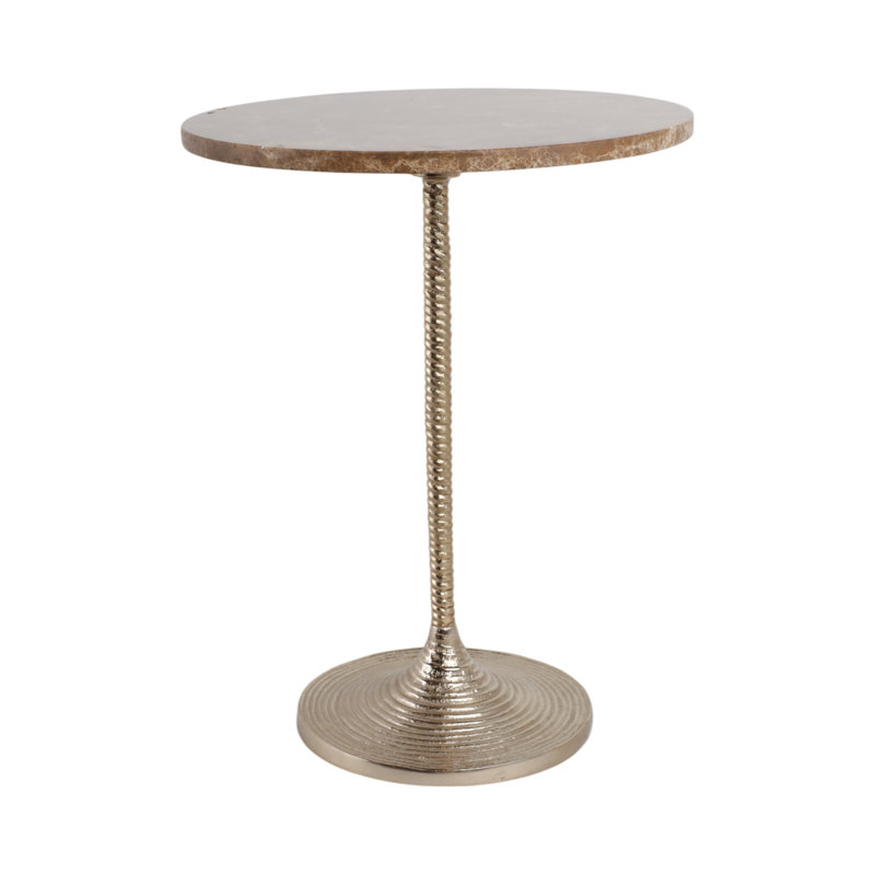 Modern Glam Metal And Marble Accent Table With Sleek Round Top And Textured Pedestal Base, Tan