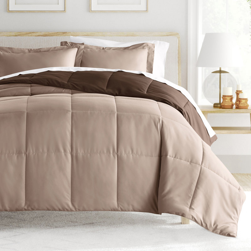 Reversible Down-Alternative Comforter Bedding Set, Full/Queen Comforter + 2 Shams, Taupe