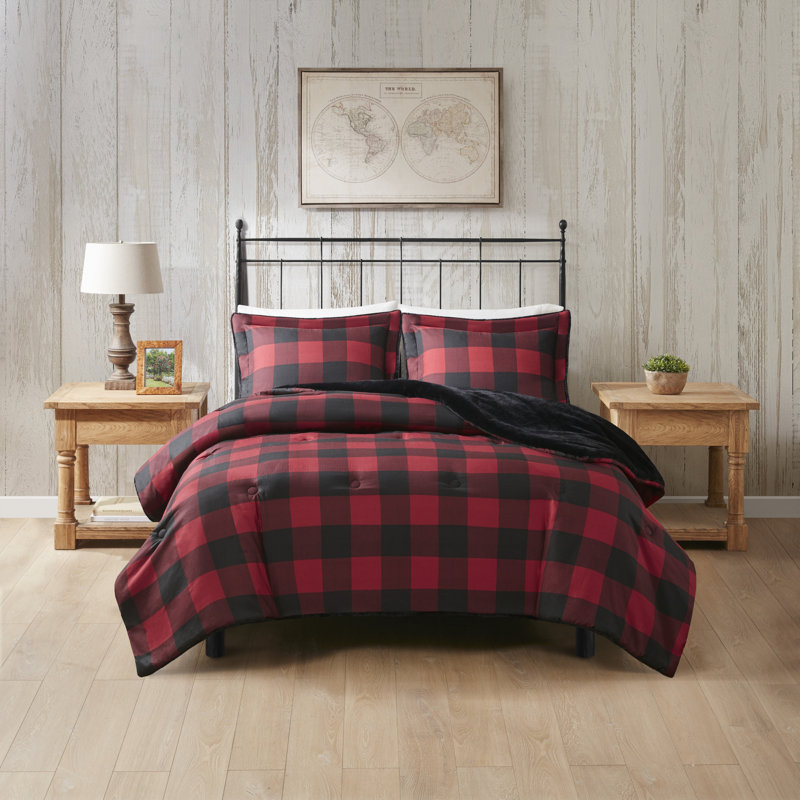 King Red Buffalo Check Faux Fur Comforter Set