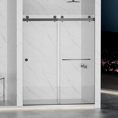 55-59"W X 72"H Frameless Double Sliding Shower Door, 304 Stainless Steel In Matte Black 5/16" (8Mm) Thick SGCC Tempered Clear Glass. Round Handle With NANO Easy Cleaning Coating.