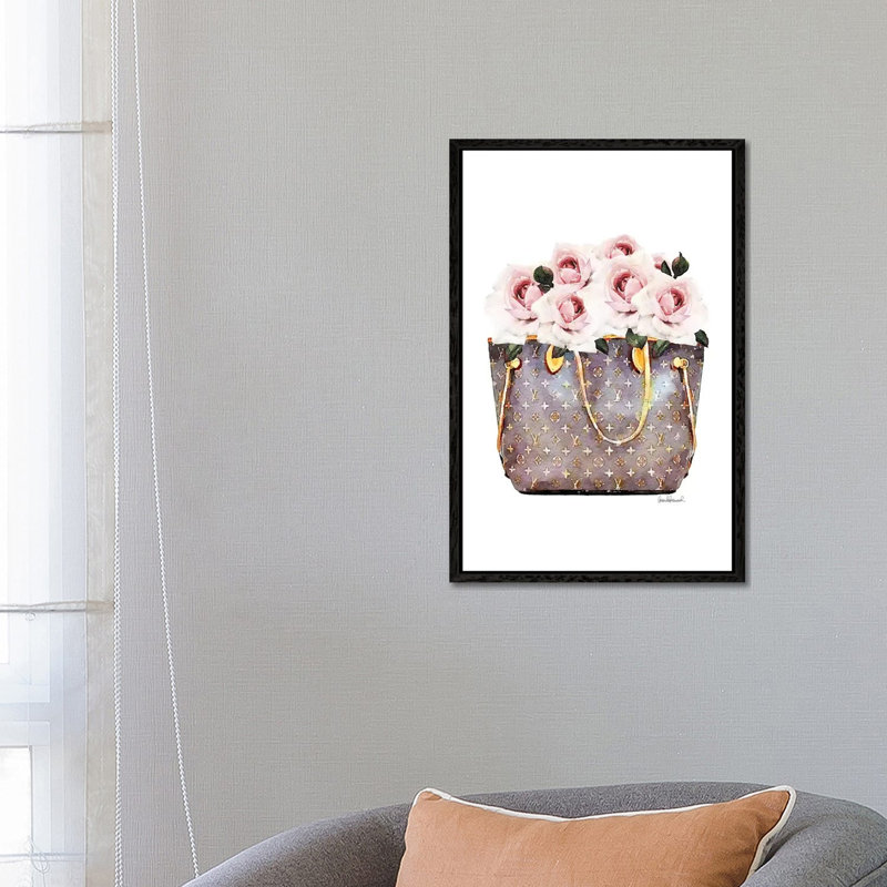 Brown Bag Filled With Blush Roses by Amanda Greenwood - Painting on Canvas, Black Framed Canvas, 101.6 cm H x 66.04 cm W