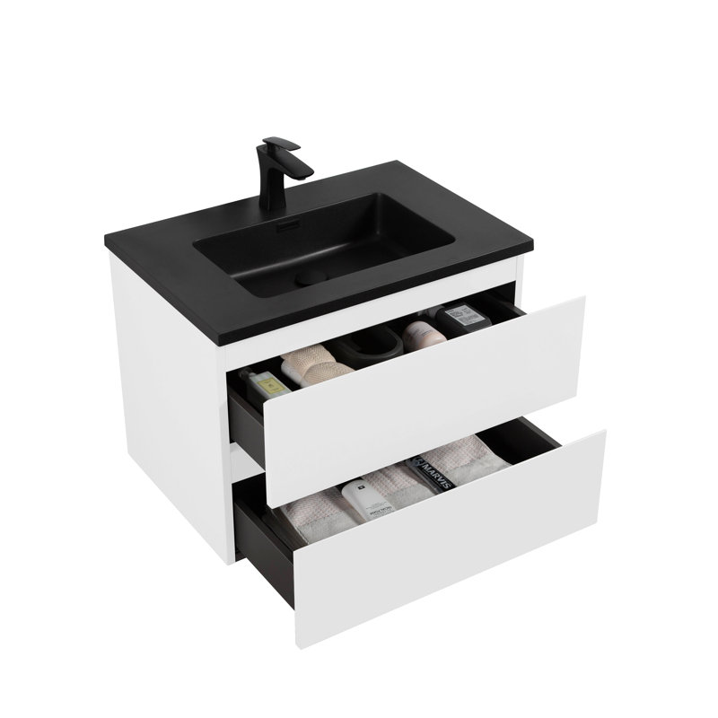 Claren 28 po L x 19 po P 2 tiroirs Meuble-lavabo mural avec évier simple et Comptoir en Quartz noir d'ingénierie
