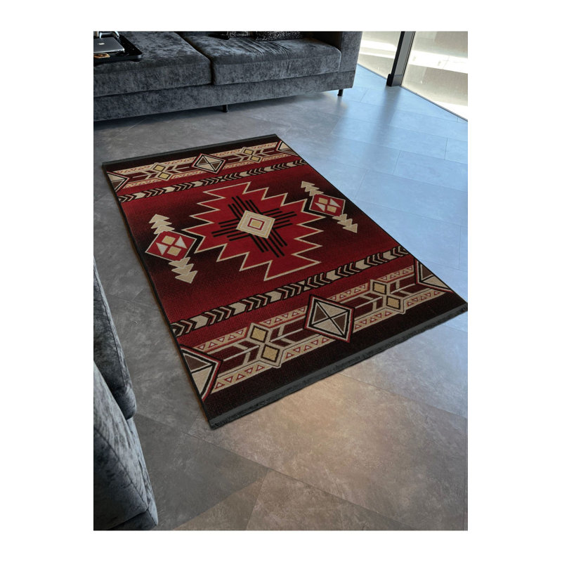 Tapis décoratif rouge à motif frangé à motif traditionnel rouge lavable à la machine