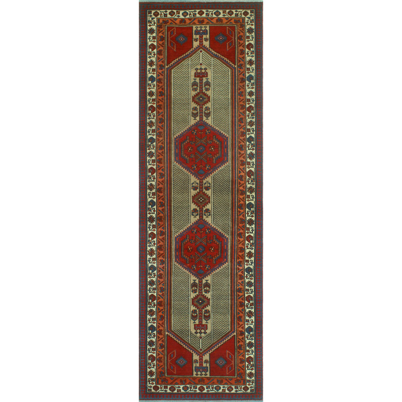 One-of-a-Kind 3'5" x 11'3" 1980s Runner Wool Area Rug in Blue and Brown