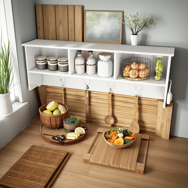 Portemanteau mural en bois avec casiers de rangement et 4 crochets doubles pour le vestibule