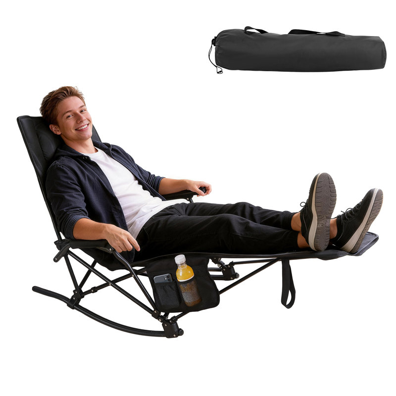 Chaise berçante extérieure pliante avec appui-tête, structure en acier stable pouvant supporter 200 lb, pliable rapidement pour le camping sur la terrasse, la pelouse et le camping-car