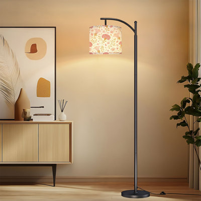 Arc Floor Lamp with Adjustable Lampshade Pink Floral Golden Stems Dots Standing Lamp 3 Color Temperatures Dimmable Tall Pole Lamp with Foot Switch for Bedroom