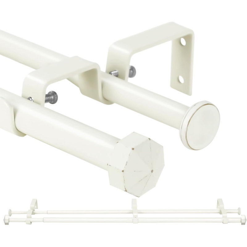 5/8" Diameter Adjustable Double Curtain Rods with Octagonal Finials, , Silver, 48" – 84"