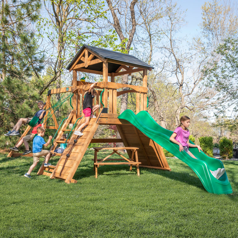 Endeavor II Cedar Wood Swing Set with Green Wave Slide