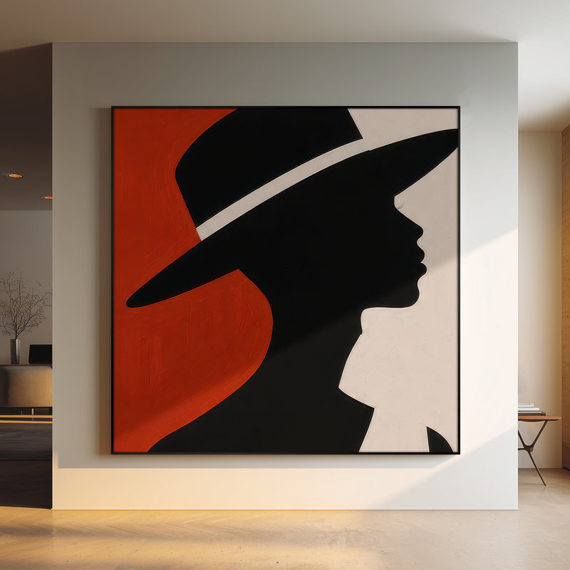 Très grand art mural imprimé sur tissu - Silhouette de femme élégante au chapeau à large bord pour le salon ou la chambre à coucher - «Assemblage requis du cadre (cadre non fini)»