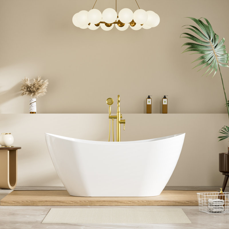  60'' L X 28.74'' W  Freestanding Soaking Bathtub In Glossy White, 100% Pure Virgin Acrylic With Drain & Integrated Overflow