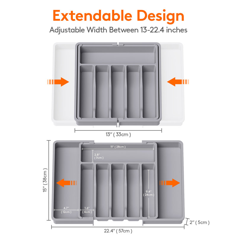 Rangement de tiroir Silverware, plateau à ustensiles extensible pour la cuisine, porte-couverts et couverts sans BPA, rangement en plastique réglable pour cuillères, couteaux, grand, gris
