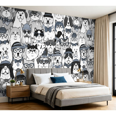 Wall Mural Peel and Stick Wallpaper Fashion cats dogs glasses gray scale seamless Monochrome Self-Adhesive Removable Contact Paper Wall Decor for Living Room Bedroom 100"H x 144"W