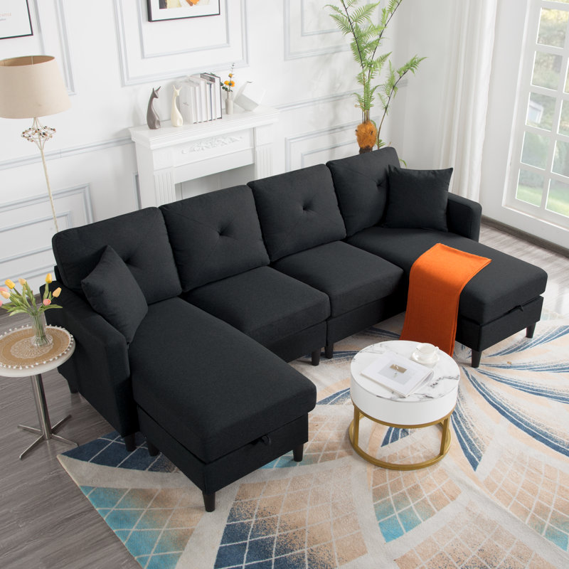 99.2” U-Shaped Modular Sectional Sofa, Black Linen
