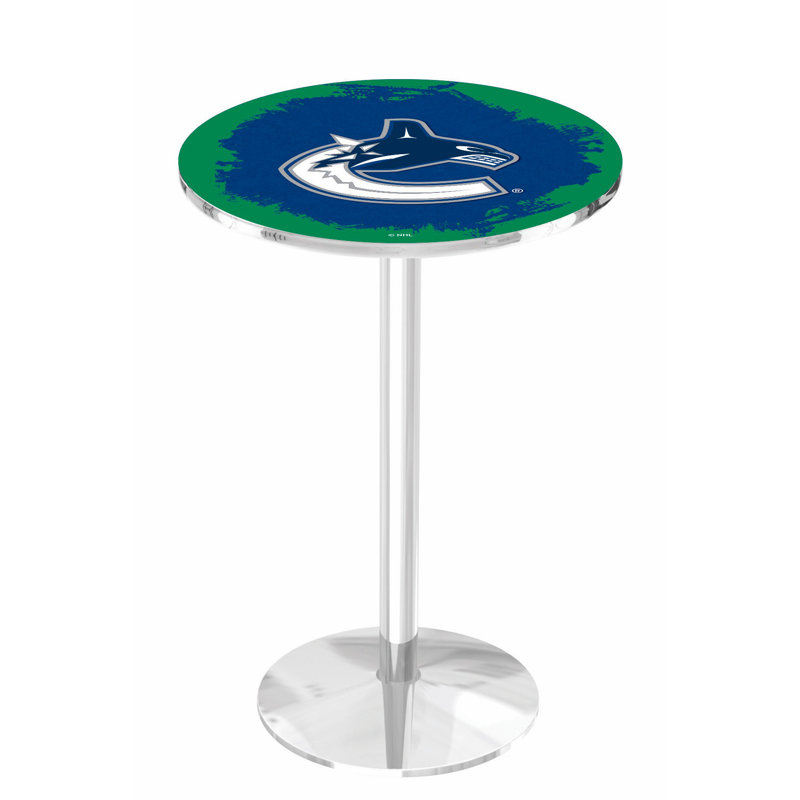 NHL Round Metal Base Dining Table, Chrome, Vancouver Canucks