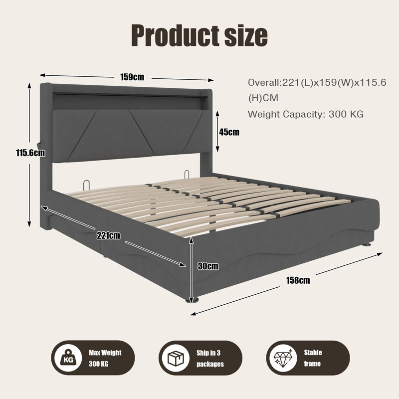Upholstered Ottoman Storage Bed, Kingsize (5'), Grey