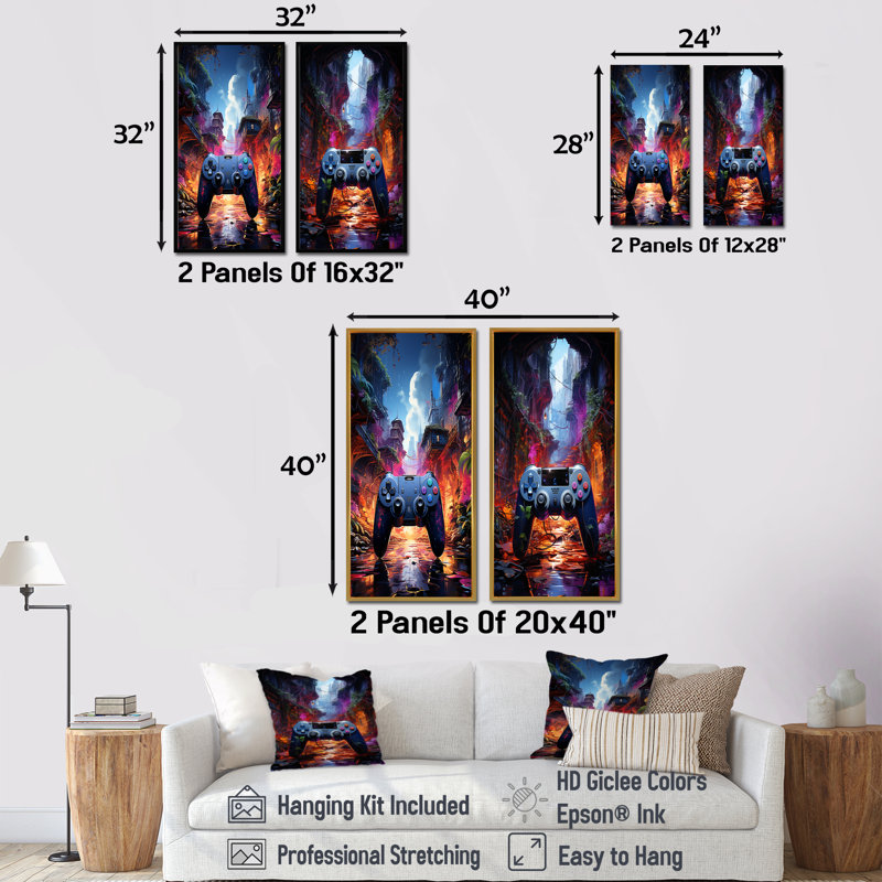 Contrôleur de jeu vidéo Neon Haven I - ensemble de 2 décorations murales de jeux vidéo, H 28 po x l 25 po, Toile tendue
