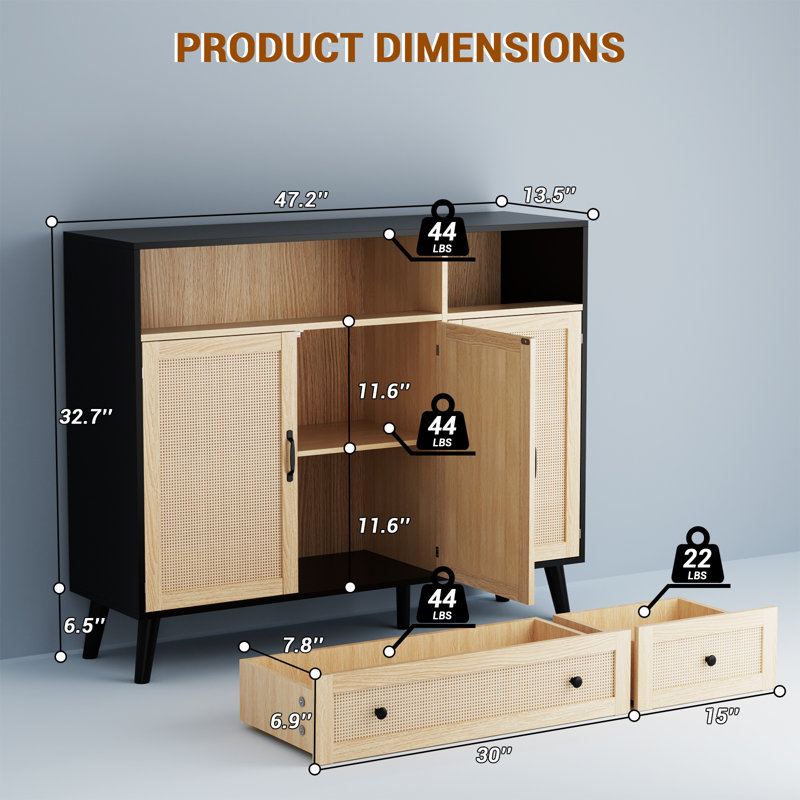 Aracelis Black and Natural Rattan Sideboard Cabinet with Storage