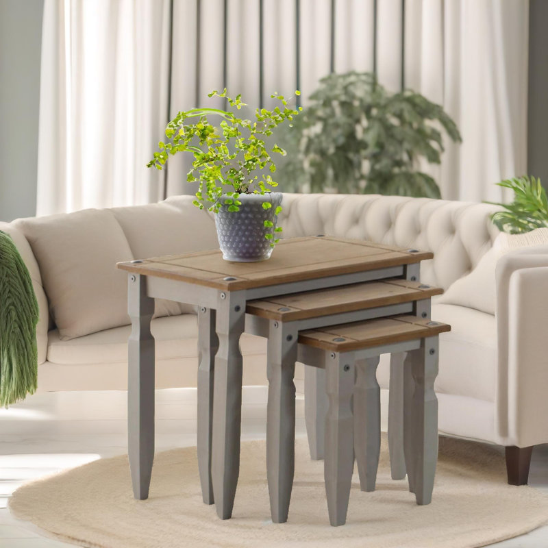 Akshaya 3pcs Solid Wooden Nest of Tables End Side Table Living Room, Grey