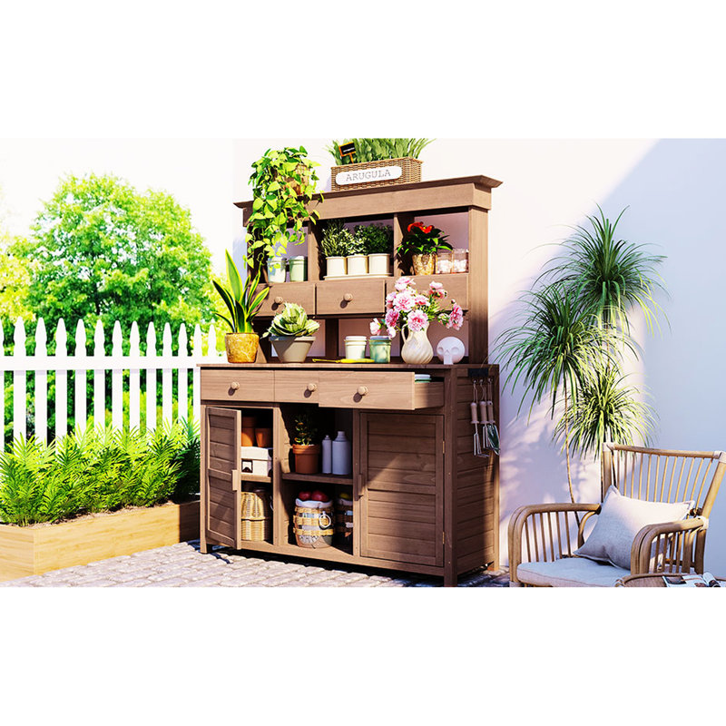 Ergonomic Garden Storage Workstation - 65.7'' Tall, Fir Wood, 6 Drawers, 2 Cabinets, 3 Shelves, Side Hooks, Brown Tall Potting Table 65.7''H, Ergonomic,