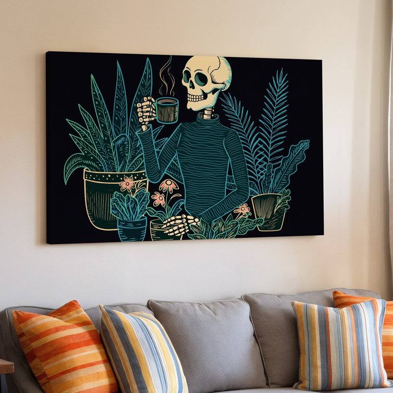 Toile, une scène fantaisiste mettant en vedette un squelette stylisé tenant une tasse d'art café fumant entourée de plantes vertes luxuriantes