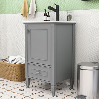Meuble-lavabo autoportant rétro avec lavabo en céramique, porte à fermeture en douceur et grand rangement