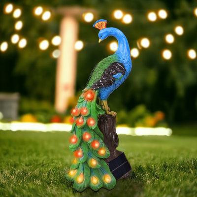 Décoration de jardin en polyrésine solaire bleu vert clair Lymas Peacock 19 pouces 47 cm