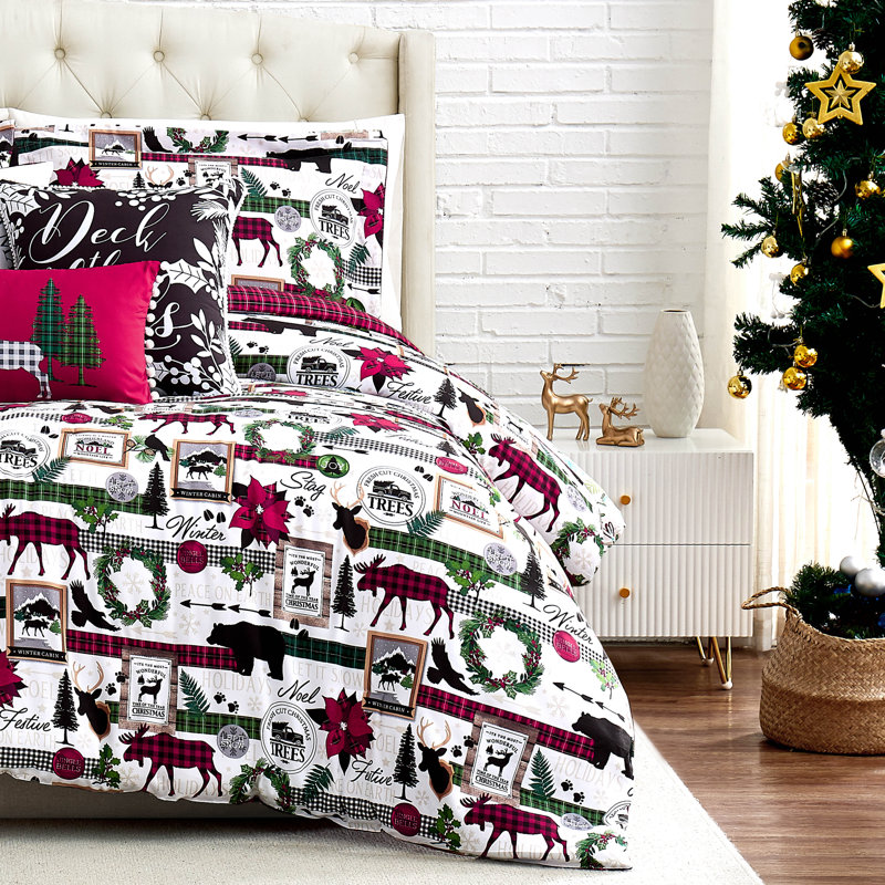 Ensemble d'édredon réversible en microfibre blanc / vert / rouge Merry Town, Édredon de grande taille et 5 pièces supplément