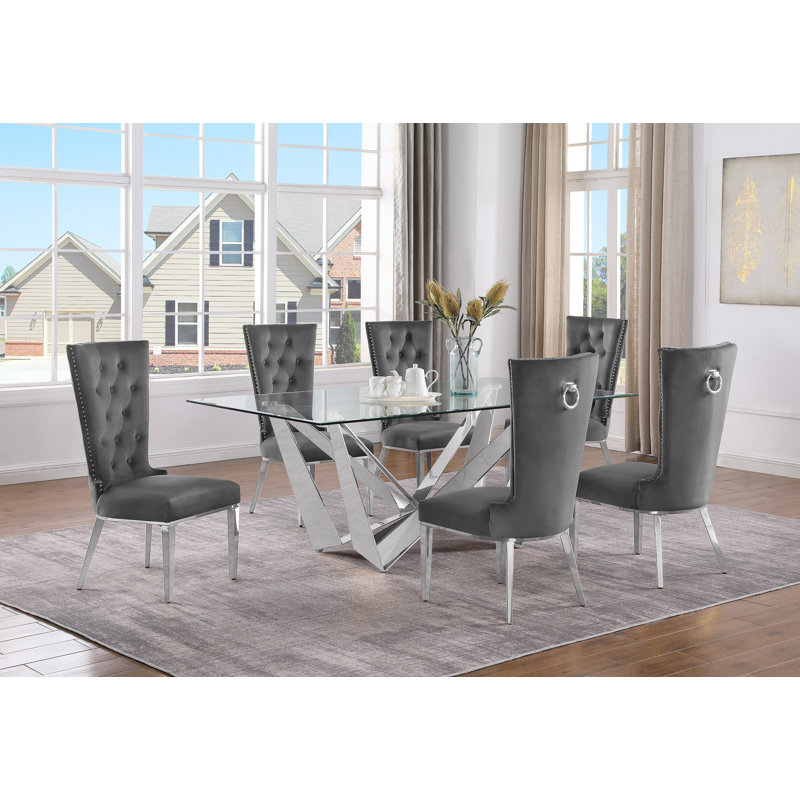 Lebanon Glass Top Trestle Dining Set, Dark Gray/Silver, 7