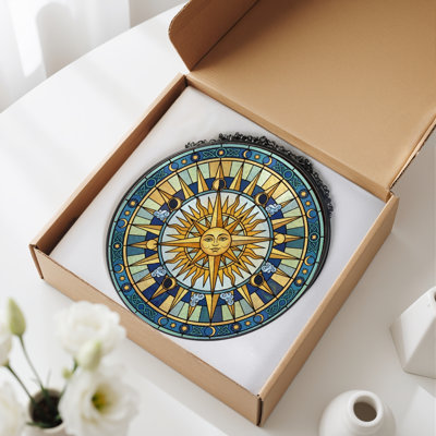 Sun Moon Stained Glass Window Panel，12"H