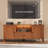 Farmhouse TV Stand Fits TV up to 70 Inch, Retro Entertainment Center with Led Light, 2 Storage Cabinets TV Console with V-Shaped Pattern Drawer and Open Shelf for Bedroom, Living Room