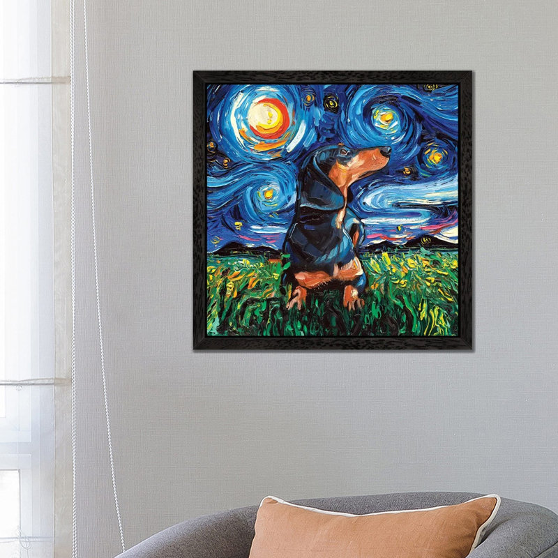 Dachshund Night by Aja Trier - Painting on Canvas, 66.04 cm H x 66.04 cm W, Black Framed