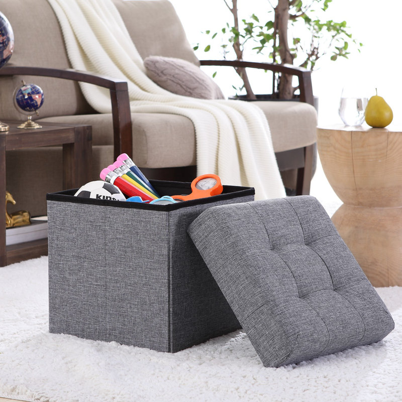Lambertville Upholstered Ottoman, Gray Linen