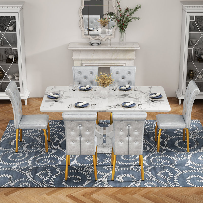 Modern 63" Faux Marble Dining Table Set with Spring-Supported PU Leather Chairs, Gray/Gold, White, 7 Pieces: Table, 6 Chairs