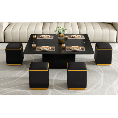 Lift-Top Coffee Table With 4 Storage Stools, Modern Space Saving Center Table With Foldable Top, Multi-Functional Adjustable Coffee Table For Living Room