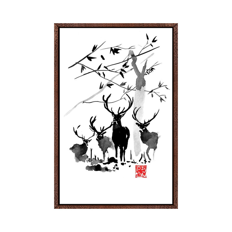 Deer Family by Péchane - Print on Canvas, 66.04 cm H x 45.72 cm W, Classic Brown Wood Framed