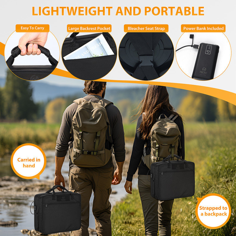 Heated Stadium Seat with Back, Foldable, Padded, 10000mAh Power Bank, Carry Handle for Outdoors, 2