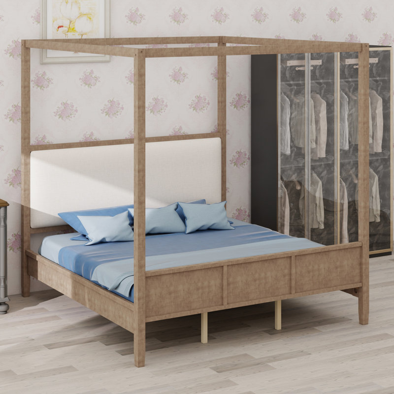Lit moderne en bois, style baldaquin et tête de lit tapissier exquise, Natural Walnut