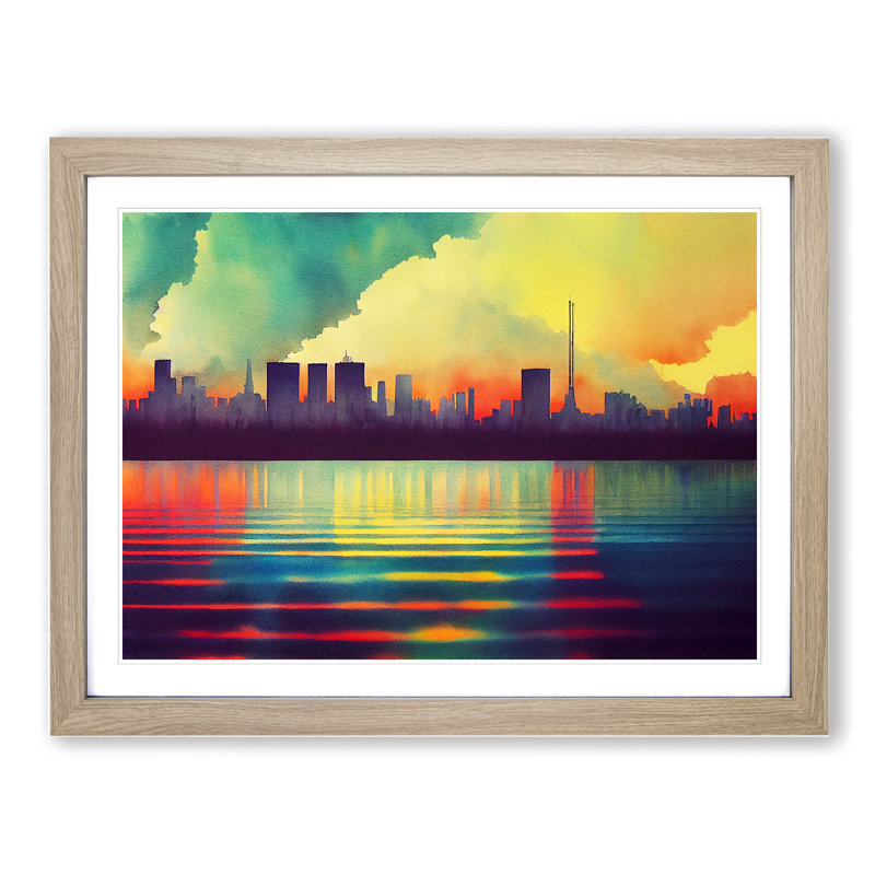 Unbeatable Watercolour Skyline - Framed Print, 34cm H x 46cm W x 2cm D, Oak